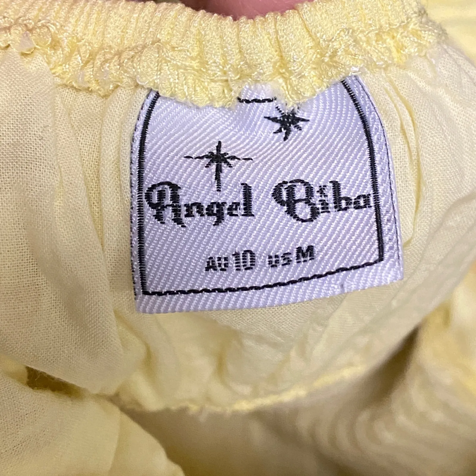 Angel Biba Milkmaid Yellow Smocked Puff Sleeve Tiered Mini Medium Dress Empire - Image 12