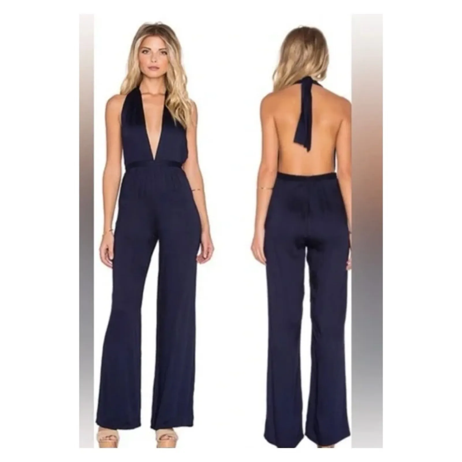 NWT Faithfull the Brand Cannes Halter Neck Flare‎ Leg Jumpsuit L Blue - Image 2