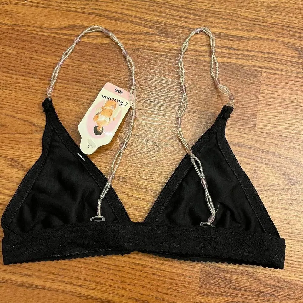 vintage Y2K black bralette with beaded straps size 28B NEW with tags - Image 2