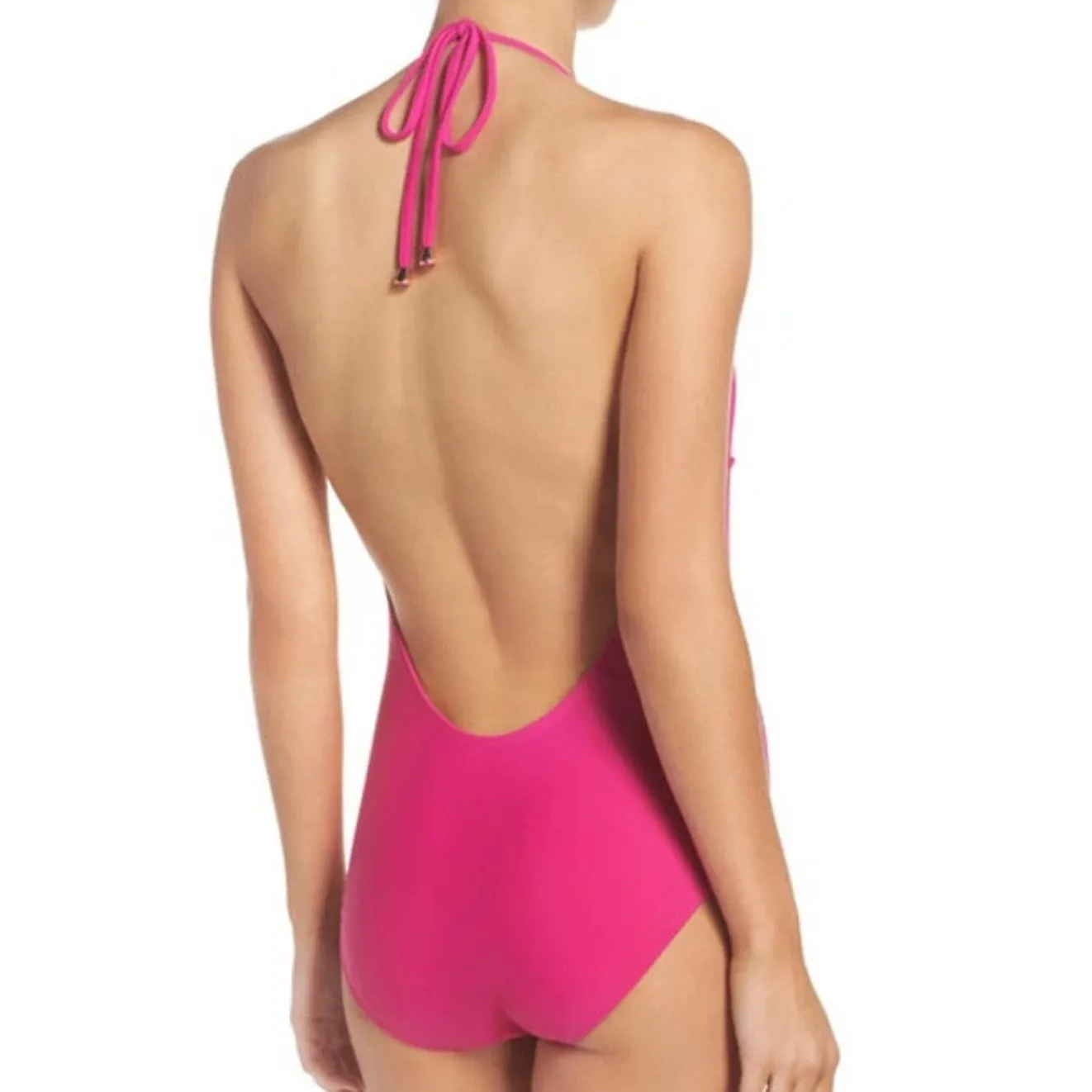 Ted Baker London NWT Fuchsia Low V Plunge Open Back One-Piece Halter Swimsuit - Image 5