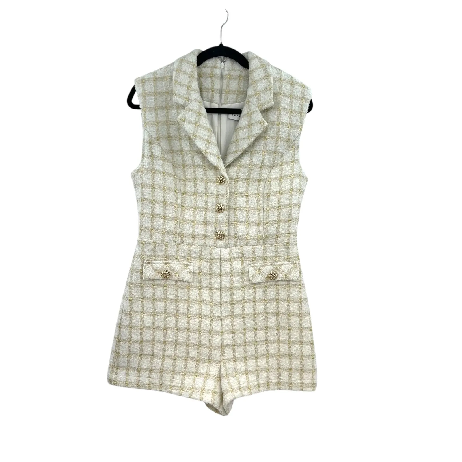 Endless Rose Suited Tweed Romper Plaid Check White Gold Size Medium - Image 3