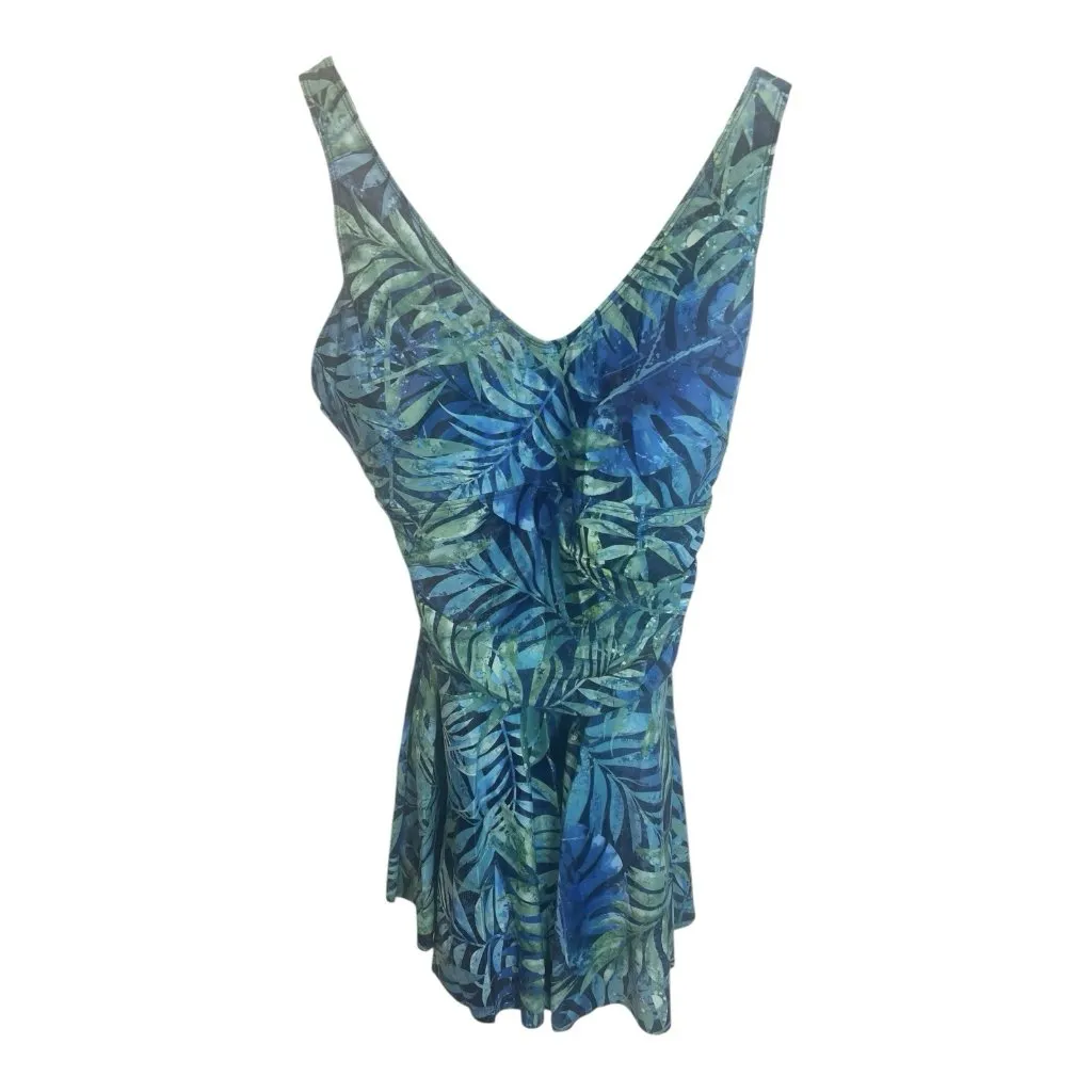 Yonique Ruched Detailing Removable Padded Long Swimsuit Large Skirt Blue Leaves - Image 2