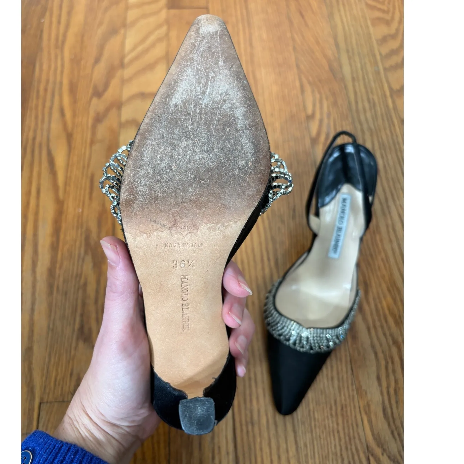 Manolo Blahnik Black Satin Slingback Heels Crystal Pointed Toe Pumps Sz 36.5 6.5 - Image 7