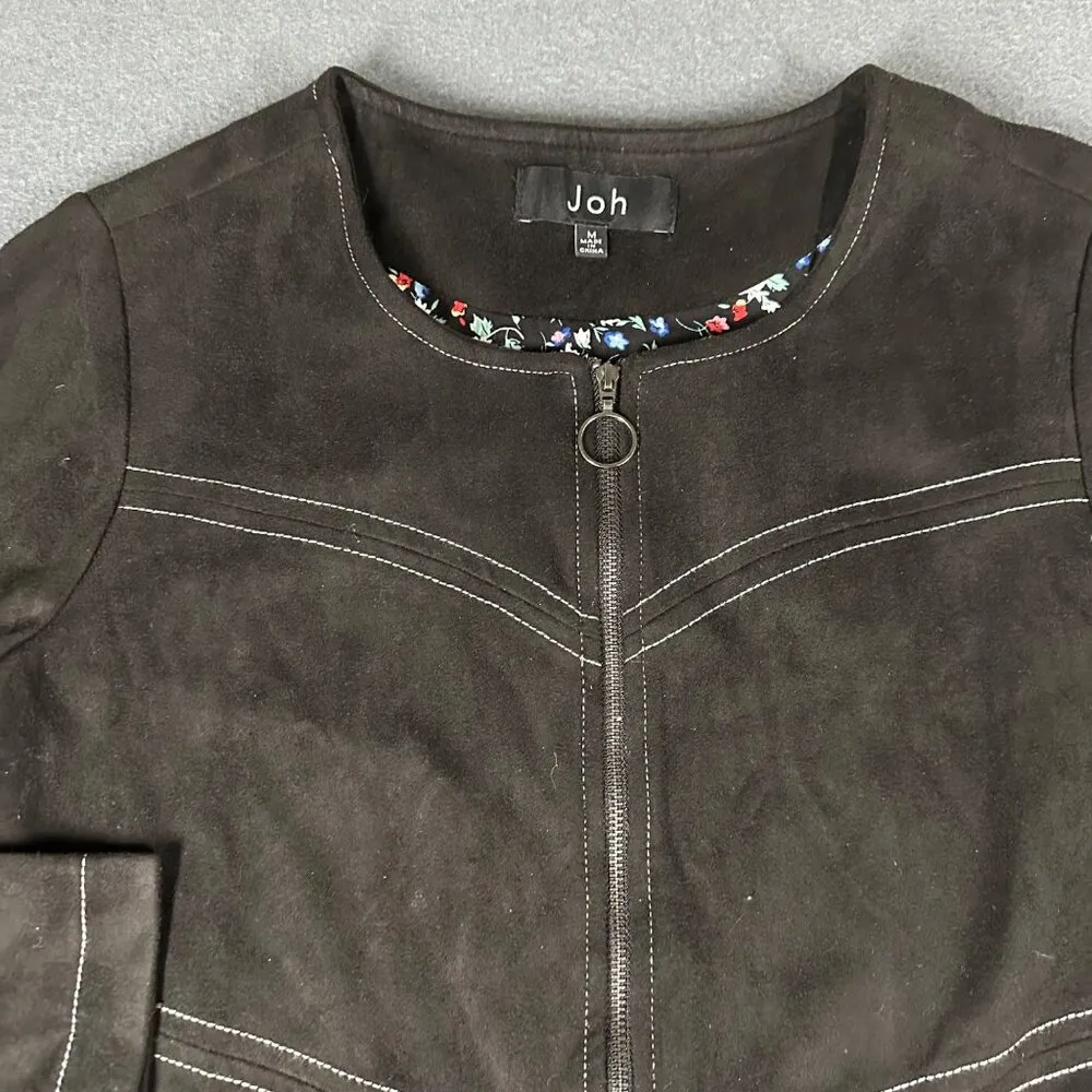 Joh Womens M Black Suede Feel Full Zip Long Sleeve Jacket Dress Pockets Soft Size M - Image 4