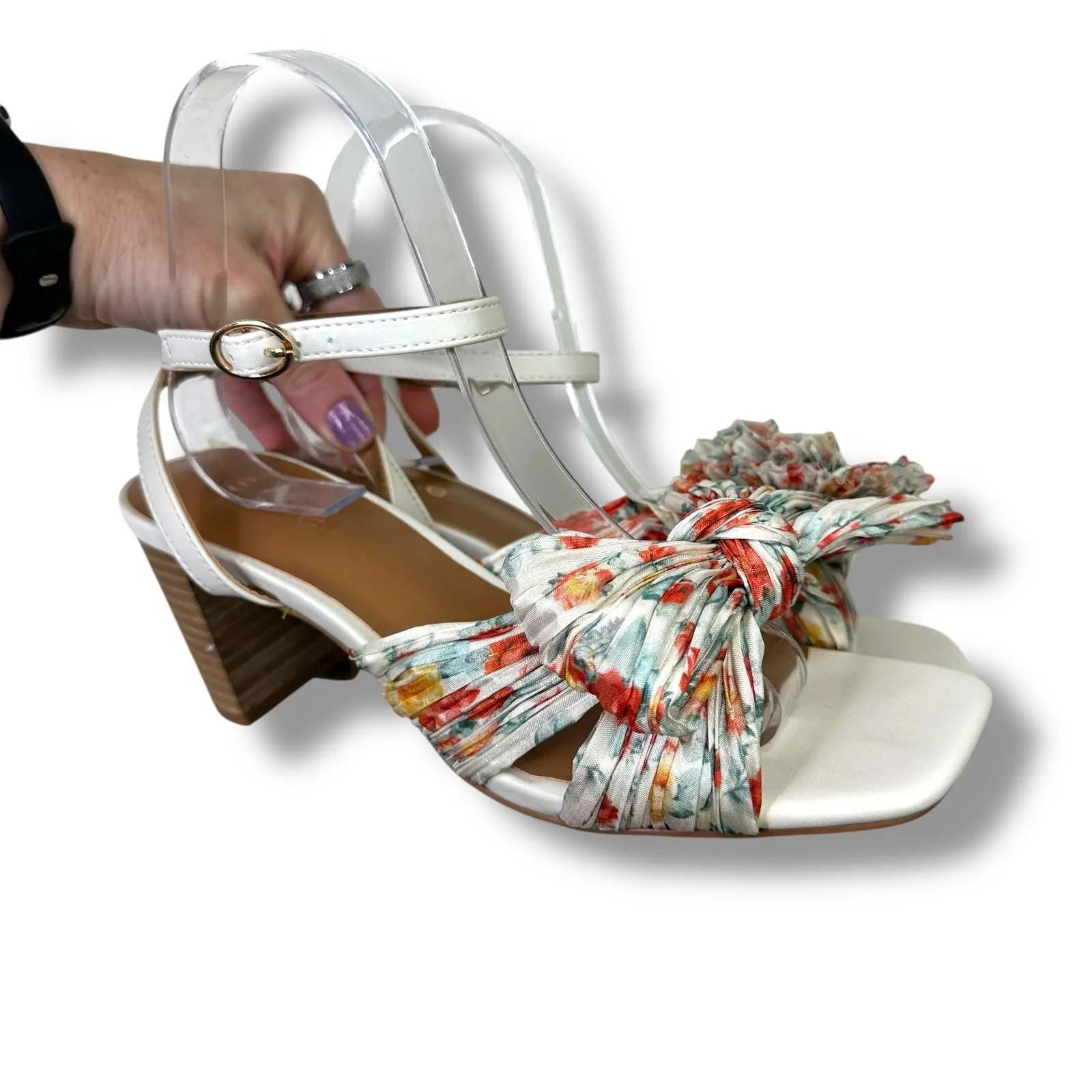 Kensie NWOT Lulus Kadence White Multi Floral Satin Ankle Strap High Heel Sandals - Image 9