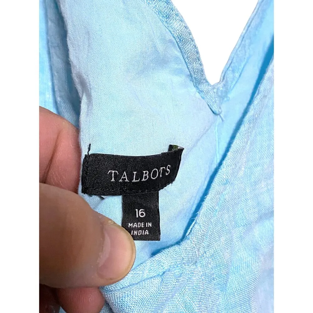 Talbots Linen Midi Sleeveless Dress Size 16 Blue Beachy Coastal Preppy Lined - Image 3