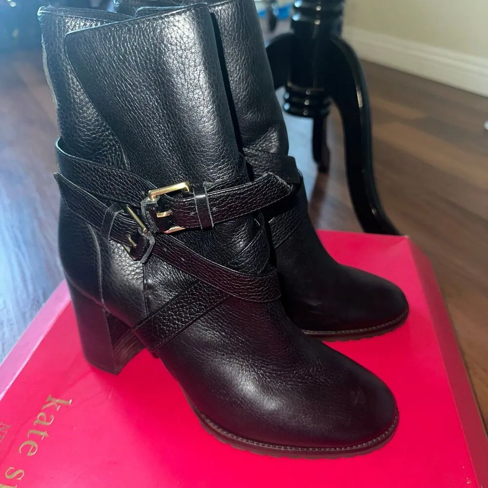 Kate spade Layne black leather buckle stacked heel  booties 8.5 - Image 6