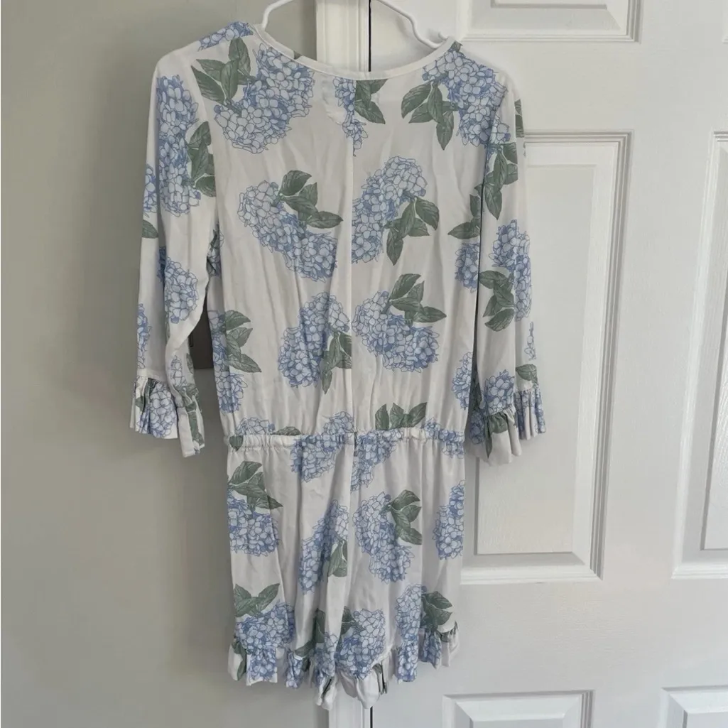 Piyama Romper Womens Small White Floral Wrap Ruffle Hem 3/4 Sleeve V Neck Boho - Image 8