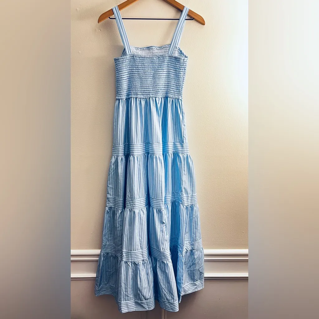 Commense Pinstripe Shirred Long Cami Maxi Dress tiered blue striped smocked M - Image 5