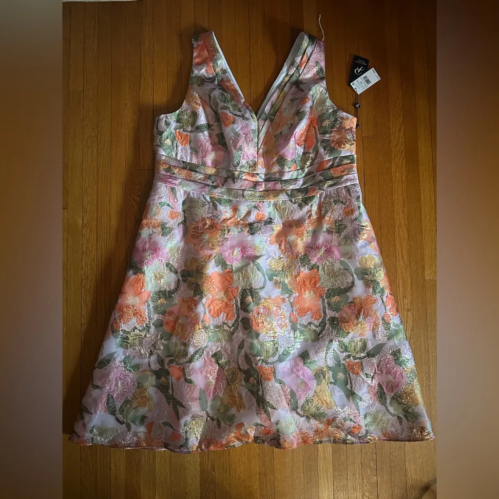 Adrianna Papell Jacquard Floral Print V Neck Sleeveless A Line Dress, 20W, NWT - Image 2