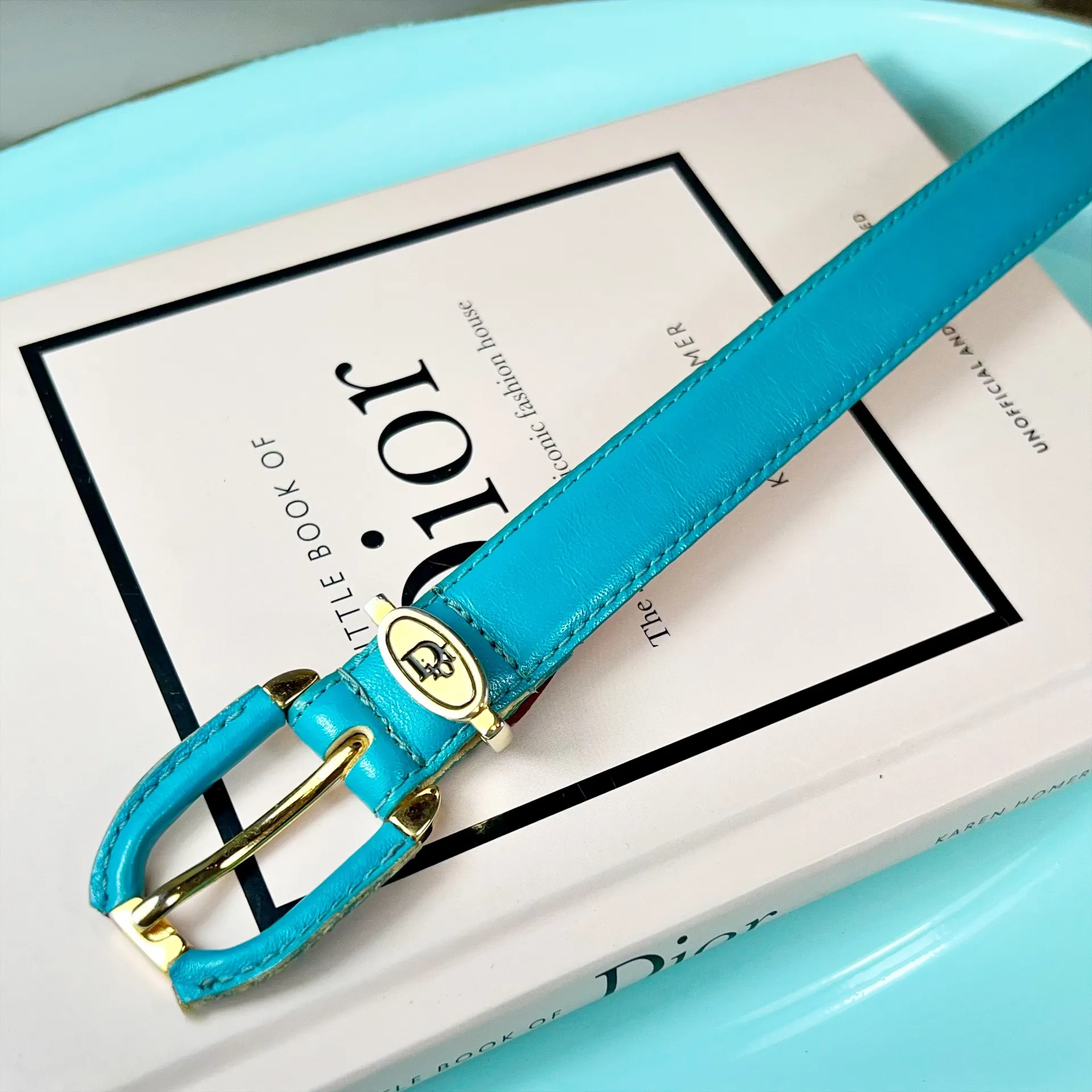 Christian Dior Teal Skinny Leather Vintage Logo Belt - Image 2