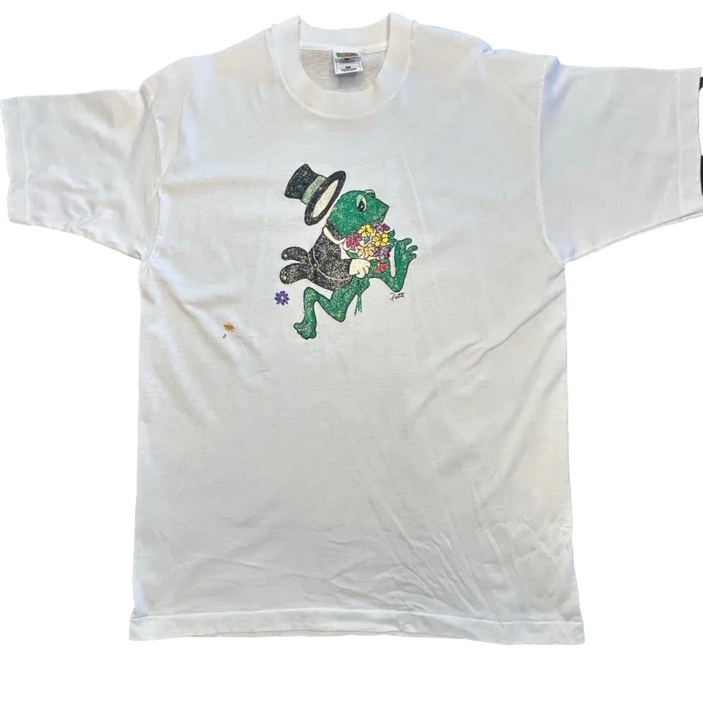 VTG 90s puffy paint whimsical cottagecore frog butterfly glitter tee XL SET of 2 White - Image 7