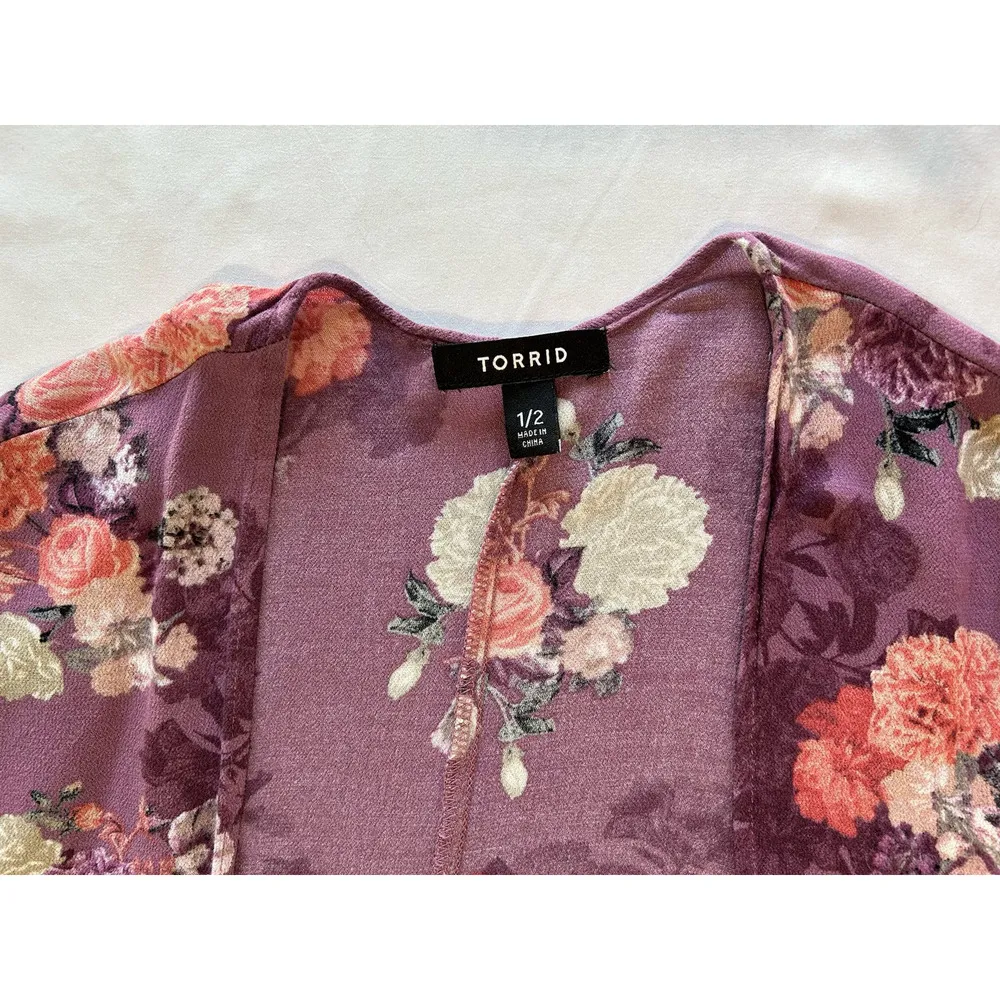 Torrid Crepe Shirttail Kimono Purple Floral Size 1X 2X Long Sleeve Summer - Image 9