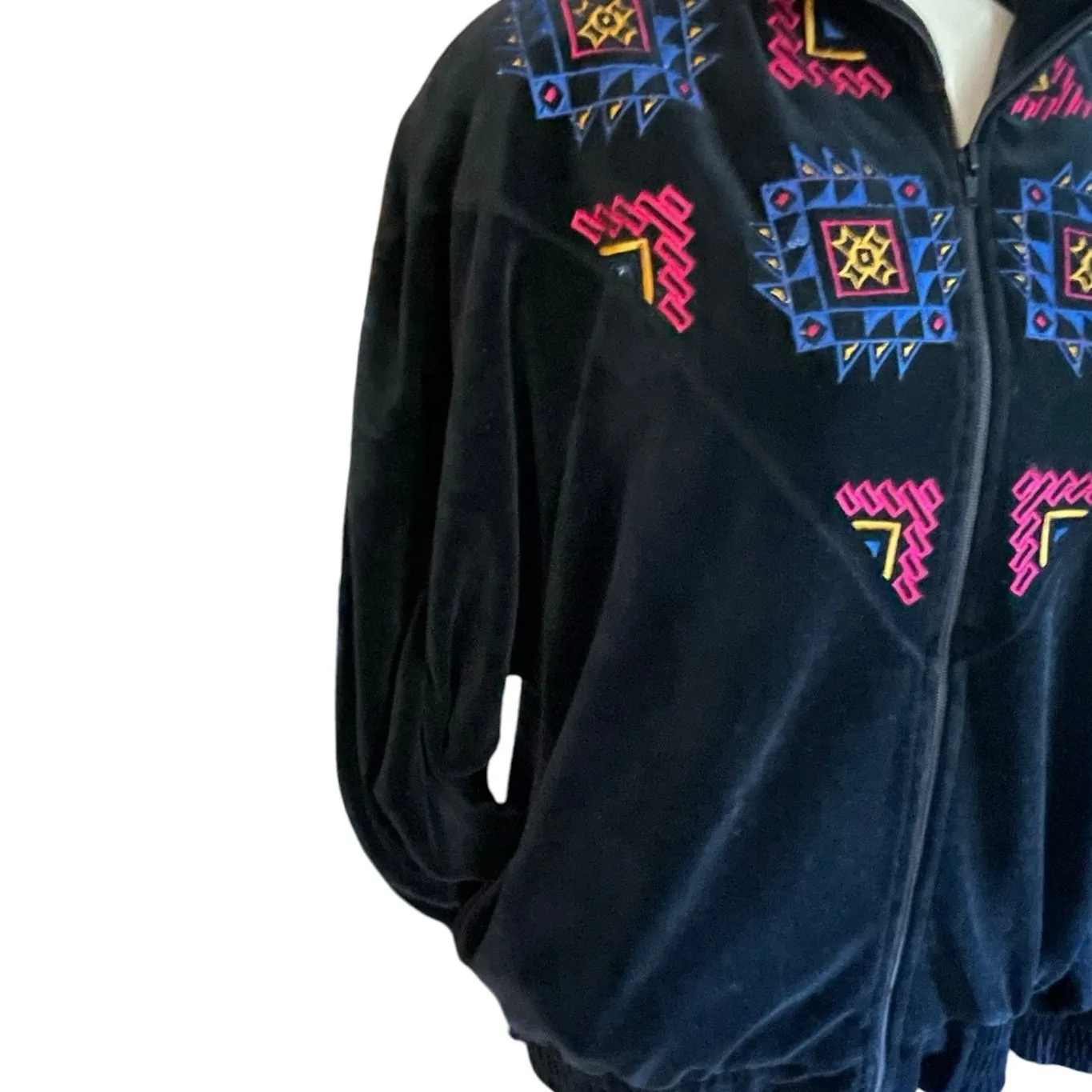 Vintage Womens Oleg Cassini 80s Black Velour Embroidered Retro Zip Jacket Medium - Image 4