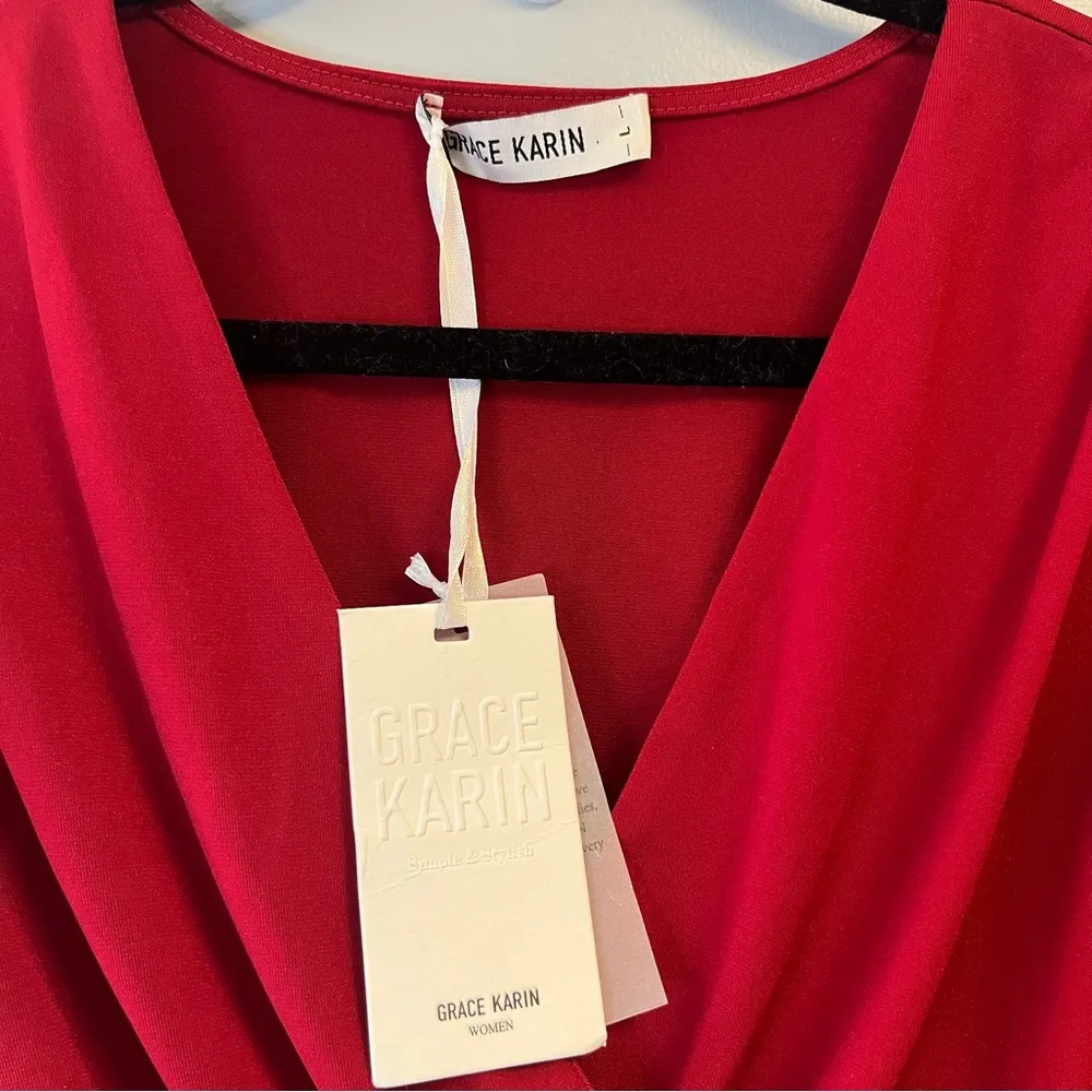 Grace Karin Blouse Red Surplice V Neck Petal Sleeve Top Sz L NWT Ruched Sides - Image 2