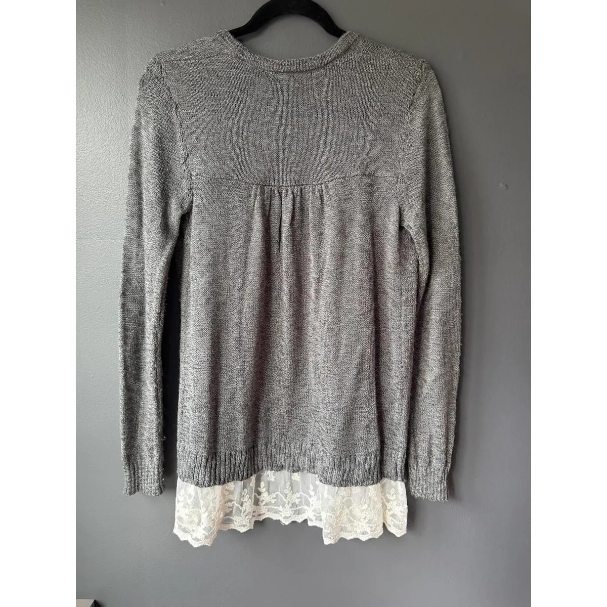 AB Studio Women's Gray Cardigan Sweater with Lace Trim, Size M - Image 2