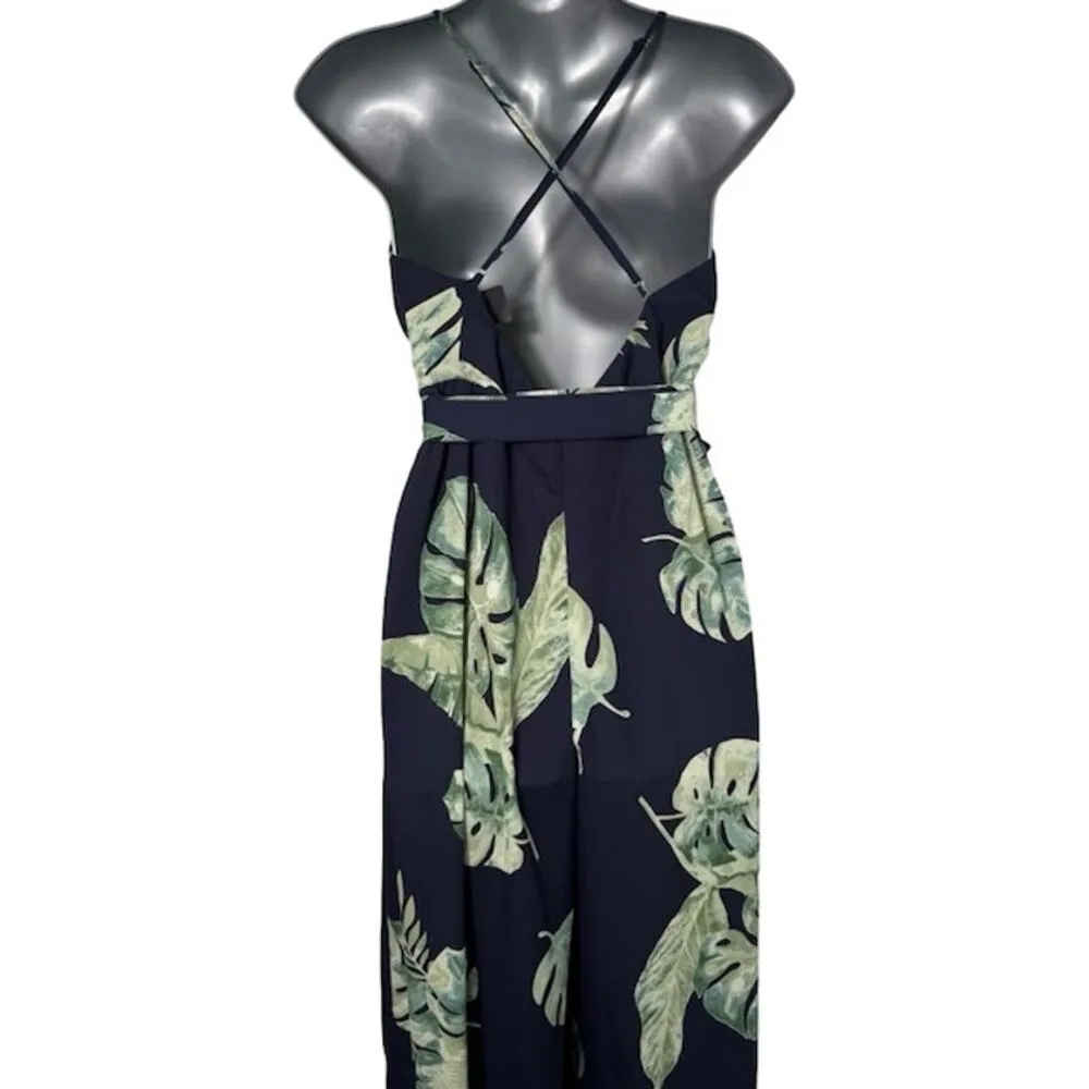 Womens Faux Wrap Jumpsuit Tropical Print Monstera Backless Navy Blue Size Small - Image 2