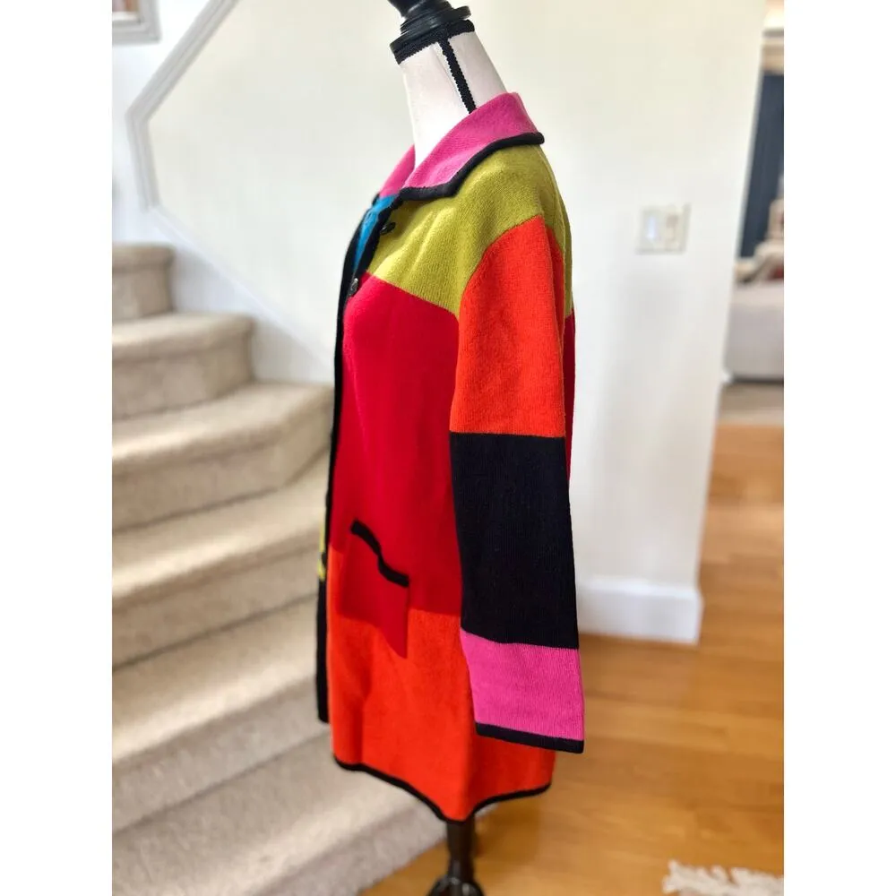 Mendocino Abstract Pink Red Green Blue Block Print Long Line Wool Cardigan Size M - Image 2