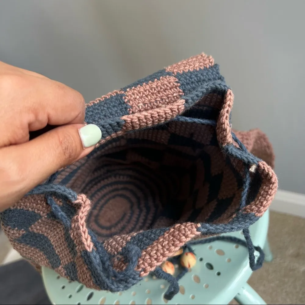 Crochet Checkered Mini Backpack Y2K aesthetic dusty blue Handmade - Image 6