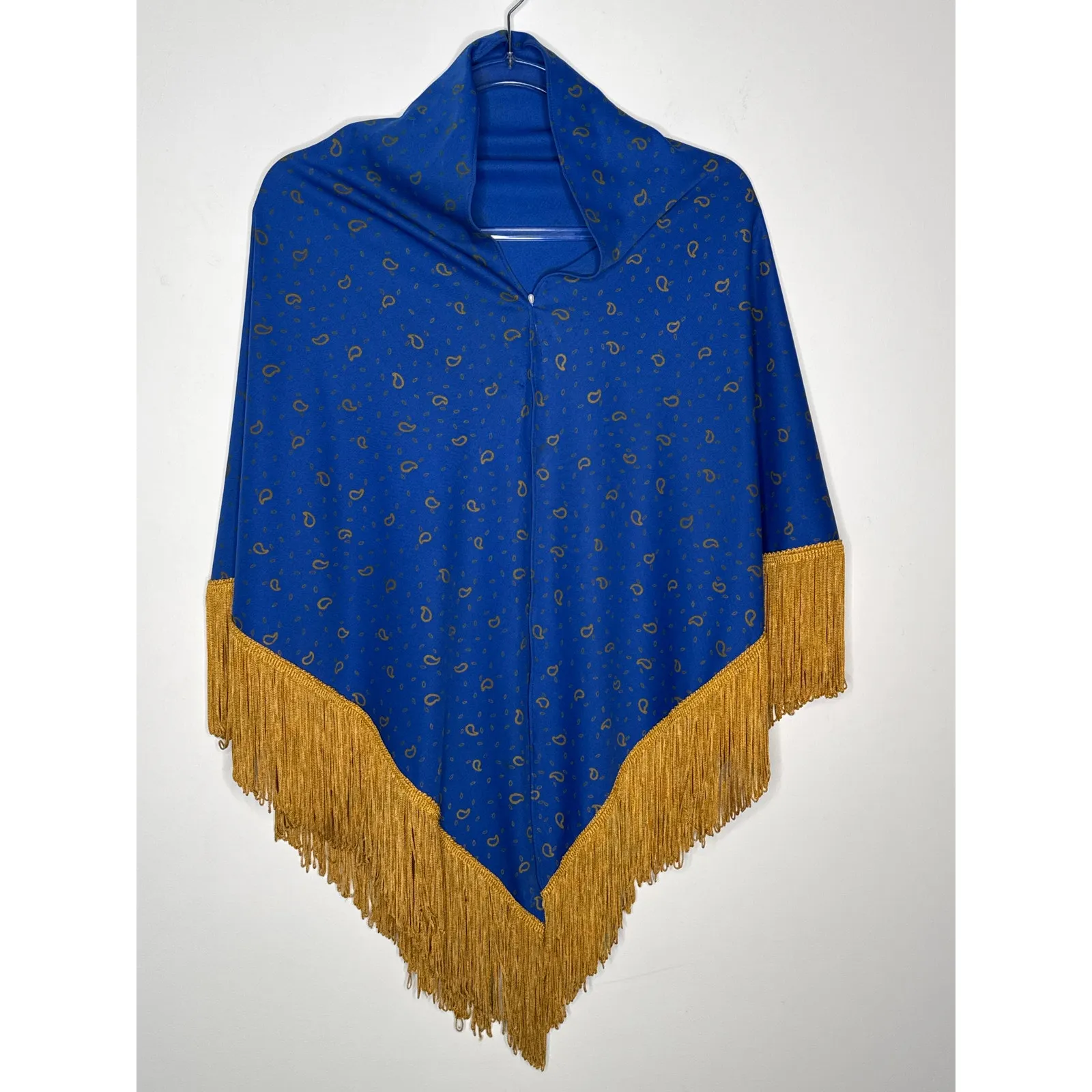 1970s Alfred Shaheen Blue Paisley Jumpsuit Set w Fringe Shawl medium - Image 4