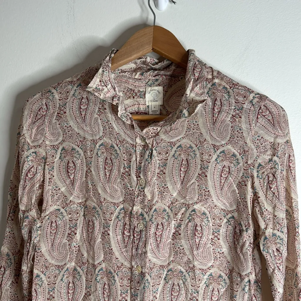 J. Crew Women’s The Perfect Shirt Silk/Cotton Long Sleeve Paisley Button Up sz 6 - Image 2