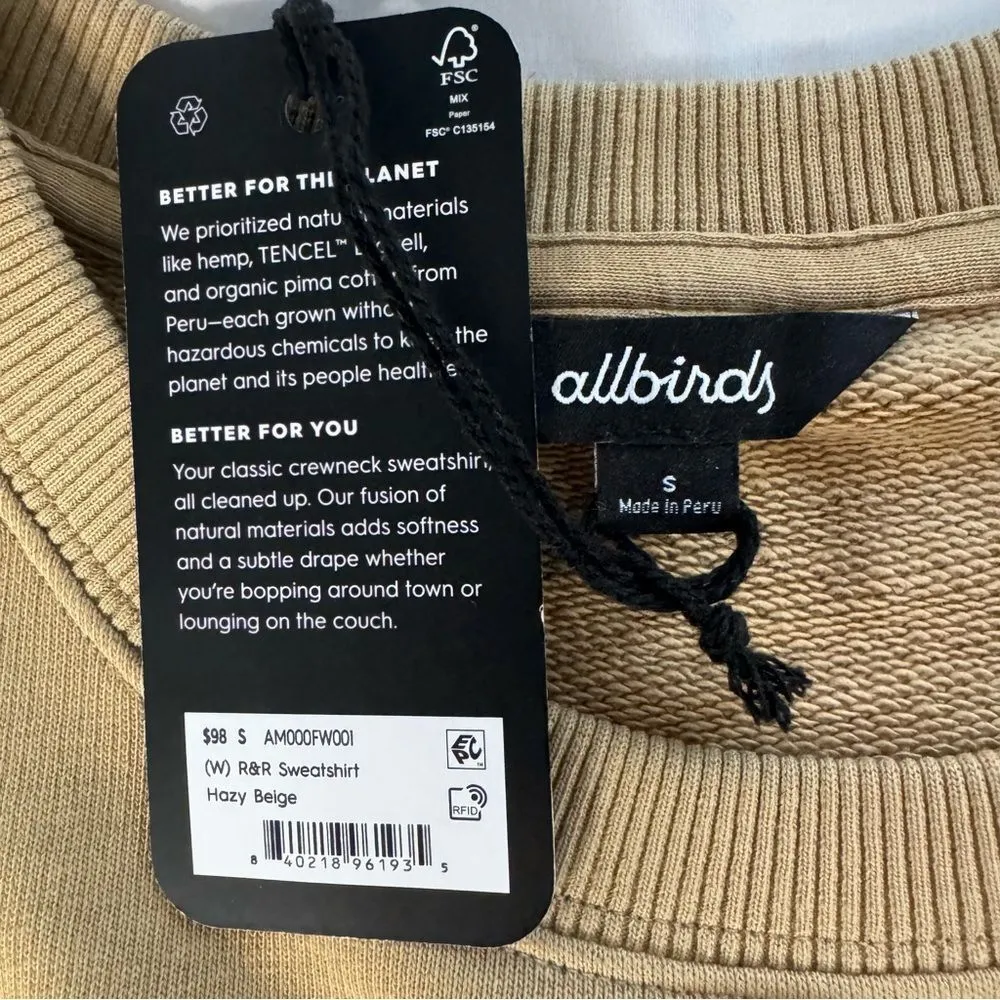 NWT Allbirds Women Size S R&R Hazy Beige Crew Terry Sweatshirt Hemp Cotton Gym - Image 8