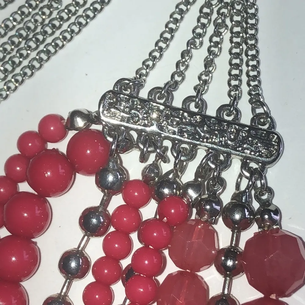 Silver Tone & Pink Multi Strand Beaded Boho Chain Retro Statement Necklace - Image 8