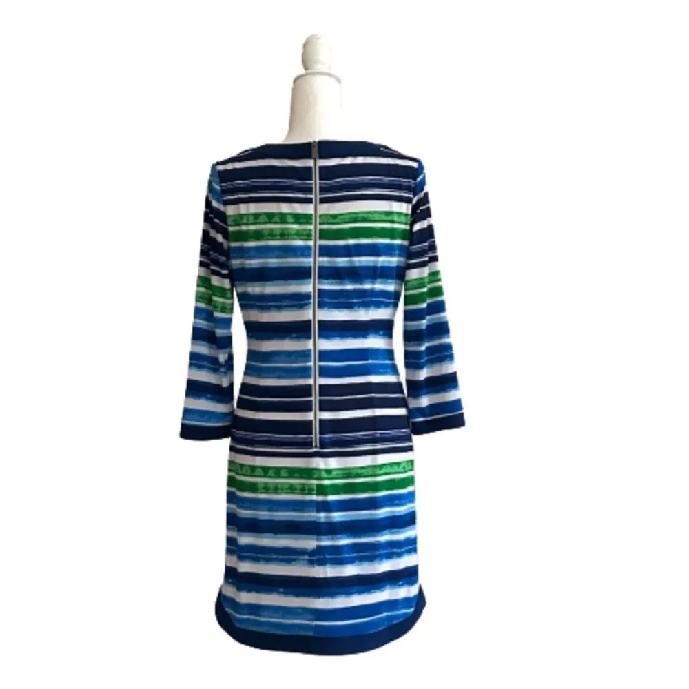 Vince Camuto Dress Blue Green White Striped 3/4 Sleeve Lined Shift Dress Size 6 - Image 5