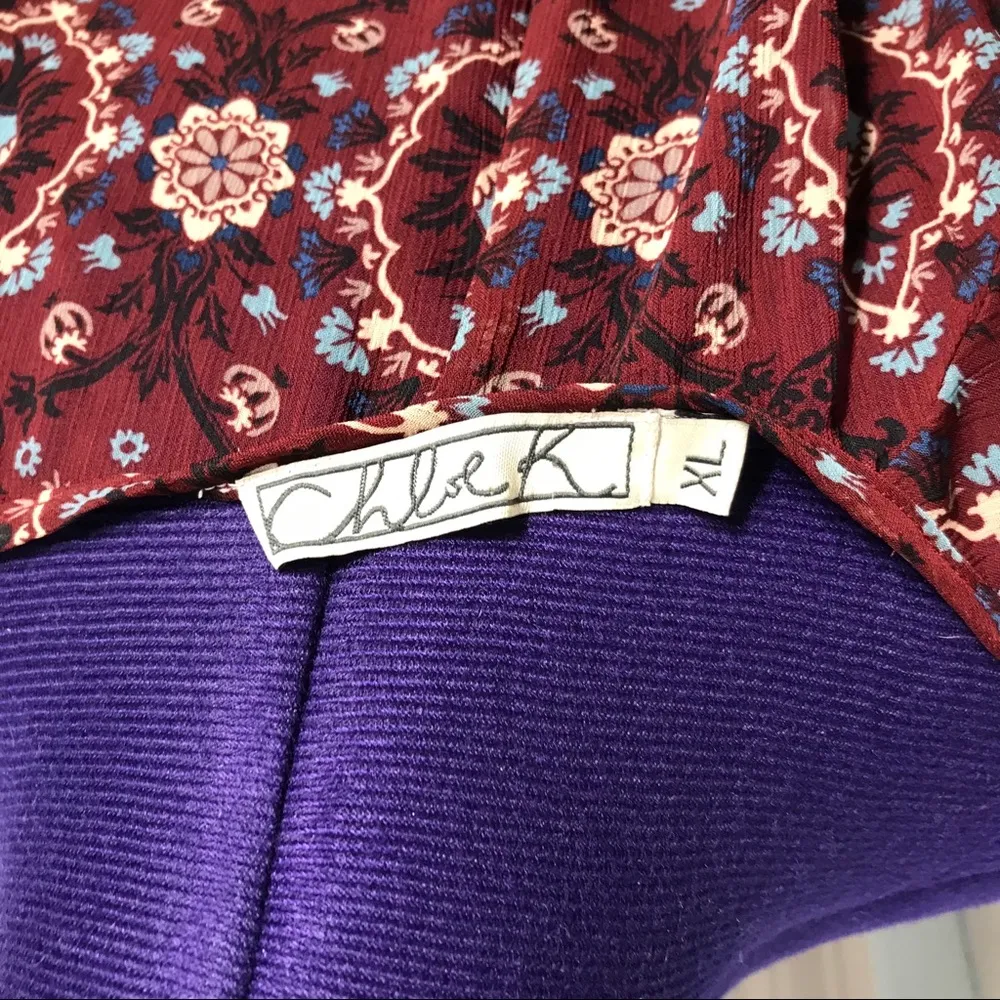 Chloe K Boho Paisley Floral Maroon Red V Neck Long Sleeve Peasant Blouse Size XL - Image 7