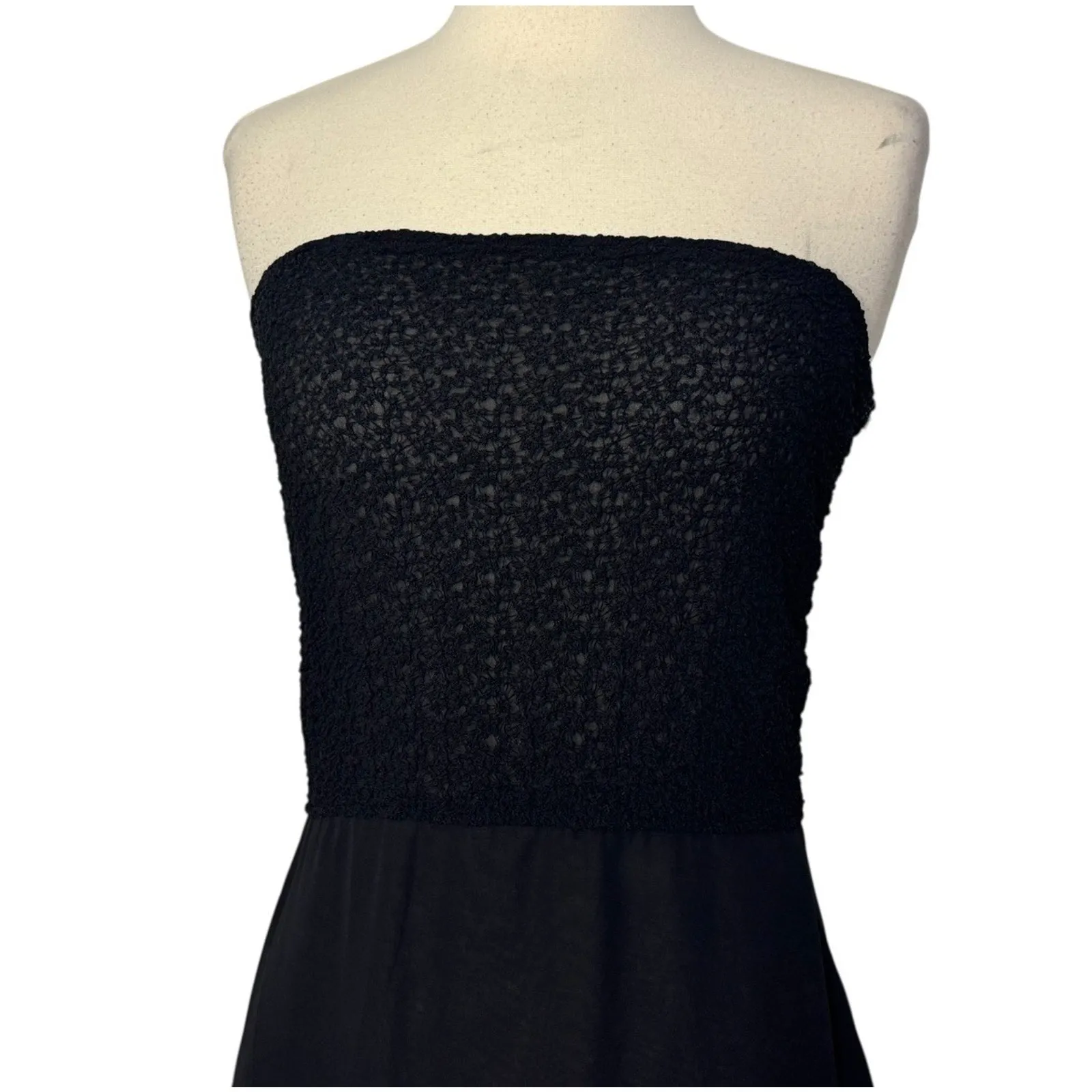 EMPORIO ARMANI Strapless Silk Black Midi Dress Textured Mesh Flowy Size Large - Image 5