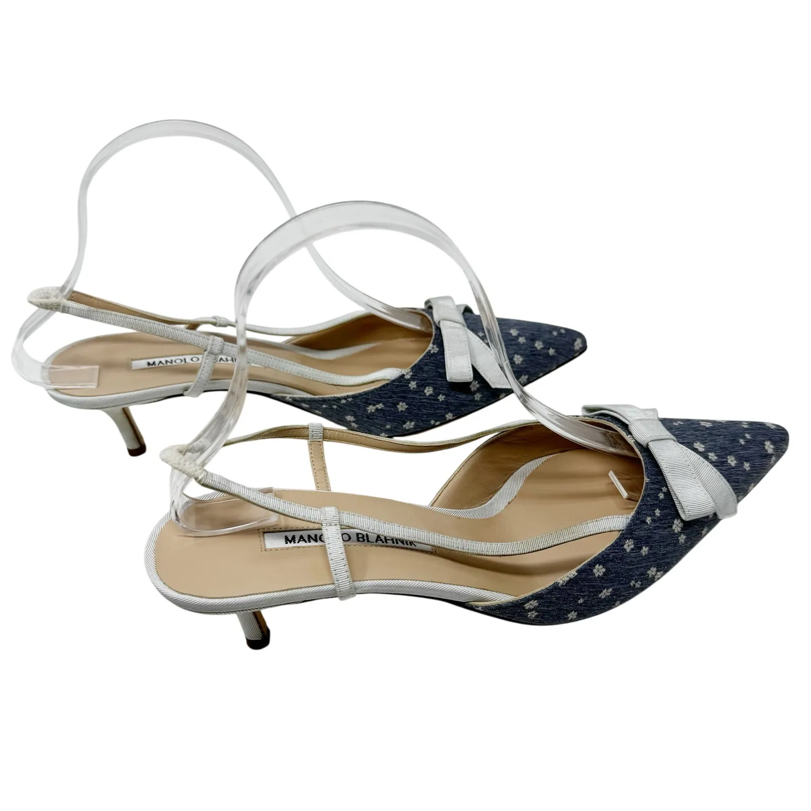 Manolo Blahnik Floral Bow Slingback Heels EU 40 Blue Grosgrain Trim Vintage - Image 5