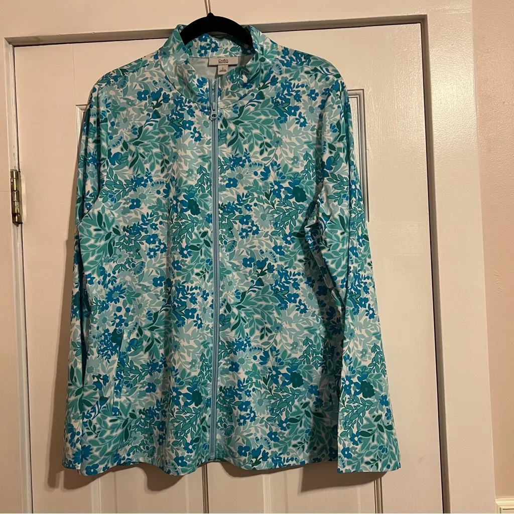 #90 CROFT & BARROW ABSTRACT AQUA BLUE & GREEN FLORAL ZIP JACKET SIZE LARGE NWOT - Image 2