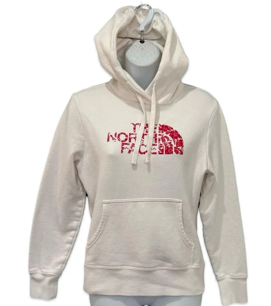 North Face White Pink Hibiscus Floral Logo Hoodie Hooded Sweatshirt Size XS - Image 2