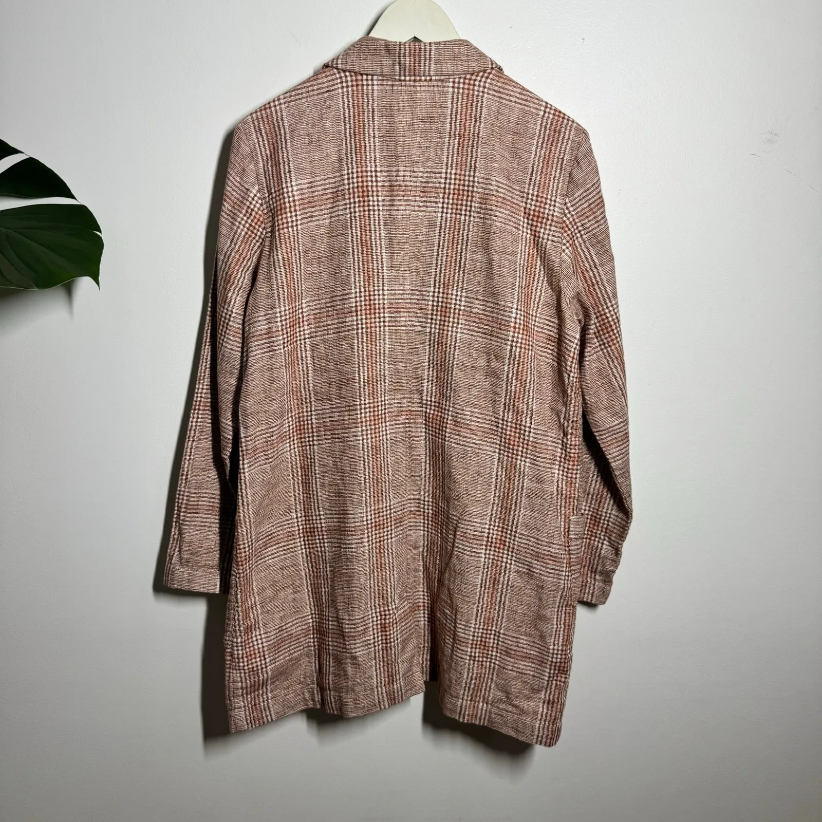 J.JILL Plaid Linen Cotton Blazer Jacket Woven M Brown OVERSIZED Fit Pockets Coat - Image 2