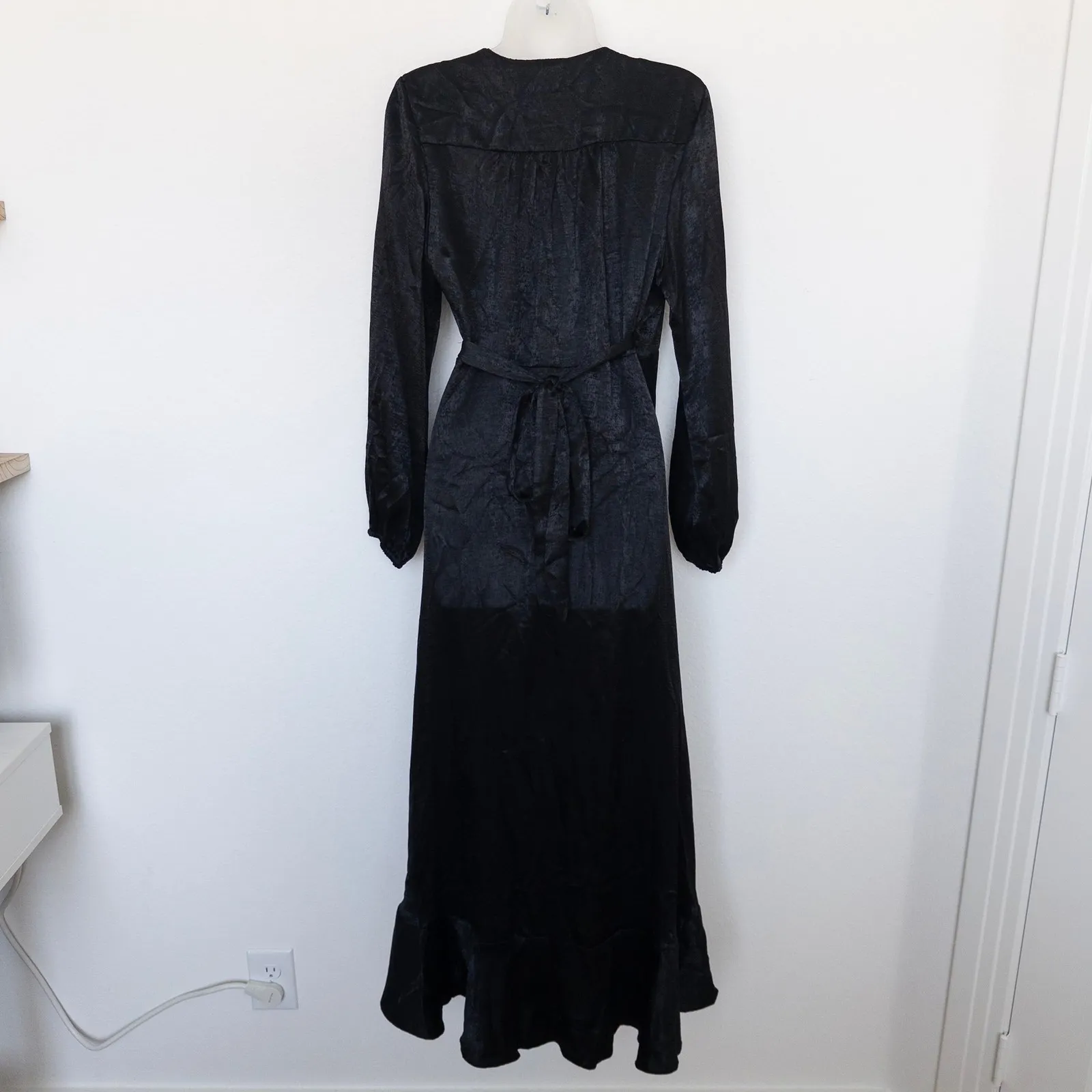 Flounce London Dress Size 8 Black Satin Wrap Maxi Whimsigoth Witchy Romantic‎ - Image 6