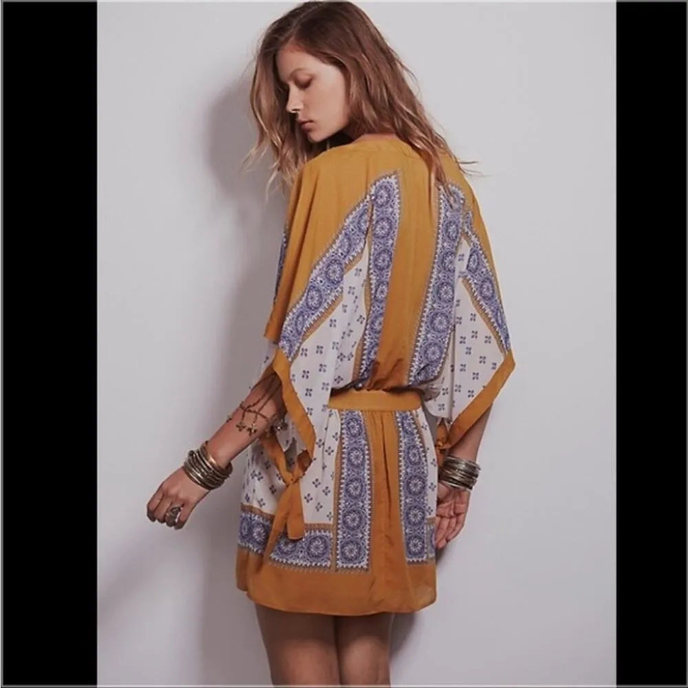 FREE PEOPLE Womens Boho Printed Kimono Tied Sleeve V-Neck Mini Dress Size XS - Image 12