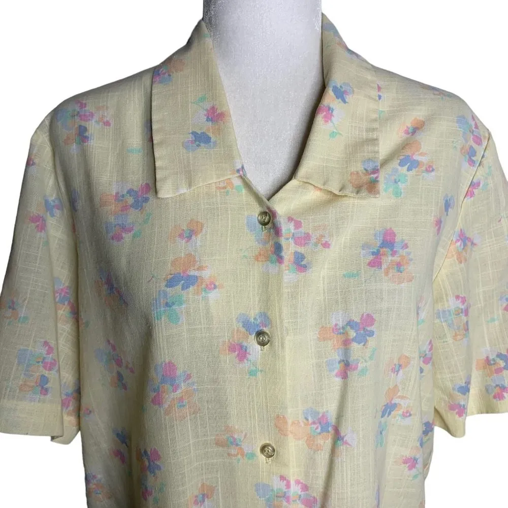 Vintage Russ Togs Button Up Collared Shirt M Yellow Floral Short Sleeve Cotton Size M - Image 2