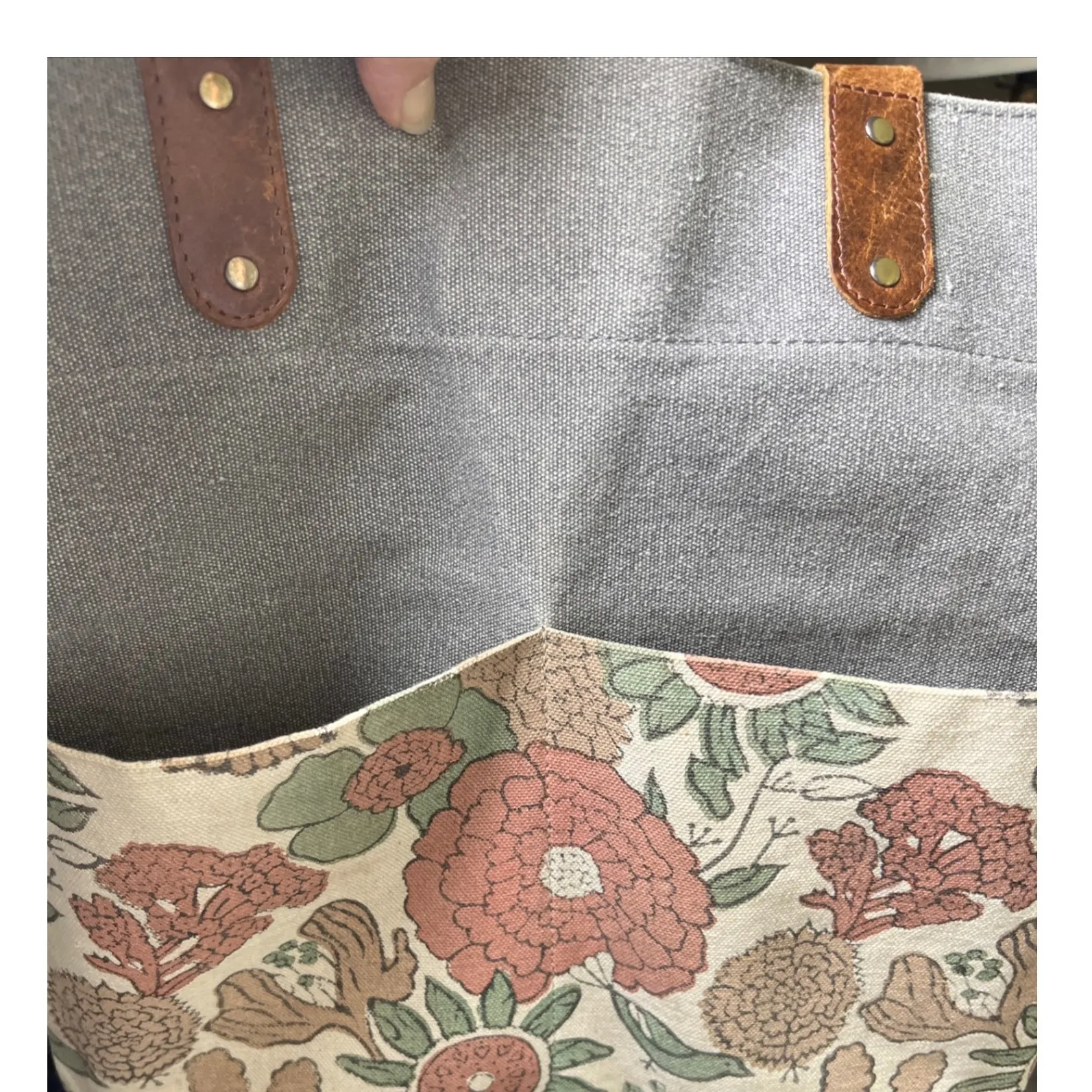 JOYN Canvas Leather Strap Tote‎ Bag Gray Floral Print Fair Trade Reversible 14" - Image 7