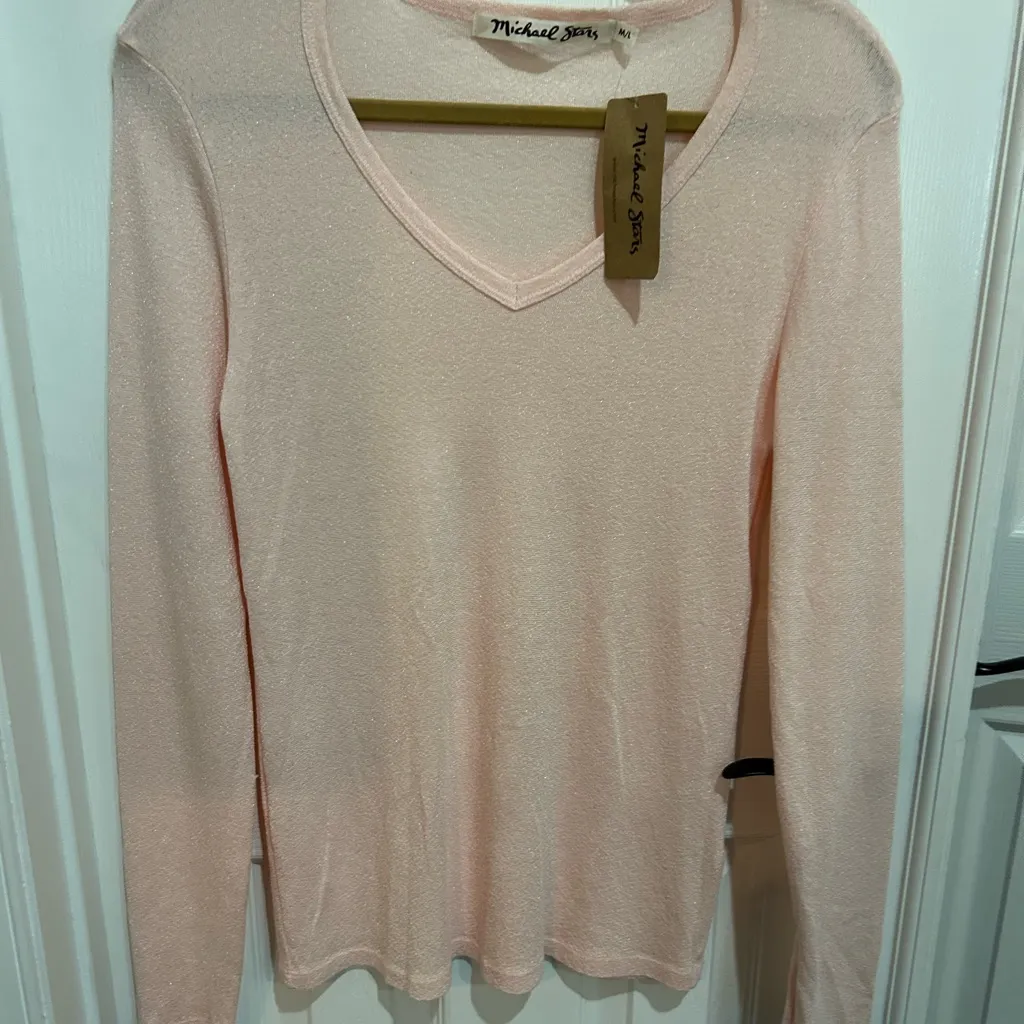 Michael Stars for Anthropologie Long Sleeve V-Neck T-Shirt Light Pink Sheer M/L - Image 7