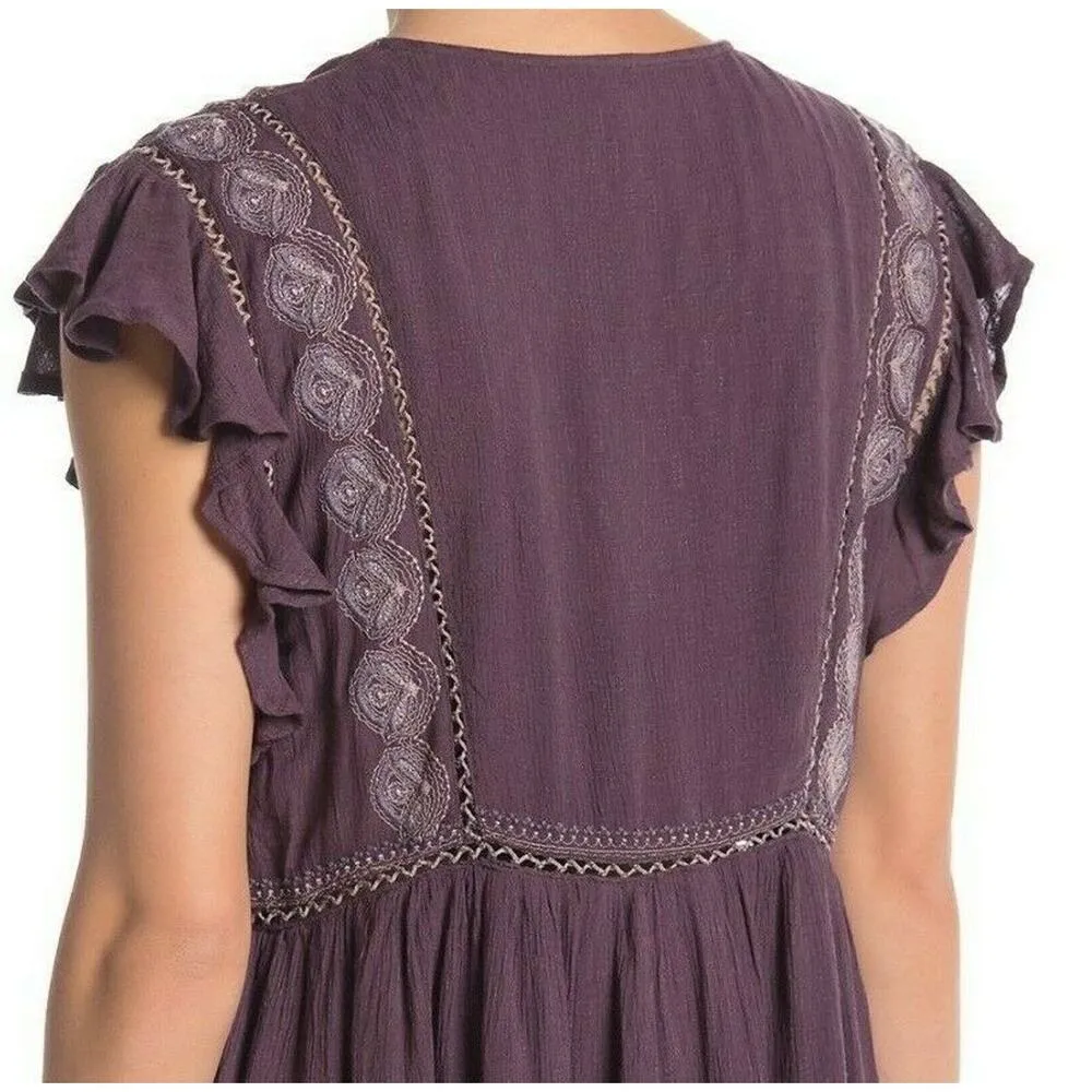 FREE PEOPLE Top Falling Water Plum Ruffle Sleeve Embroidered Tunic Top Small NWT - Image 5