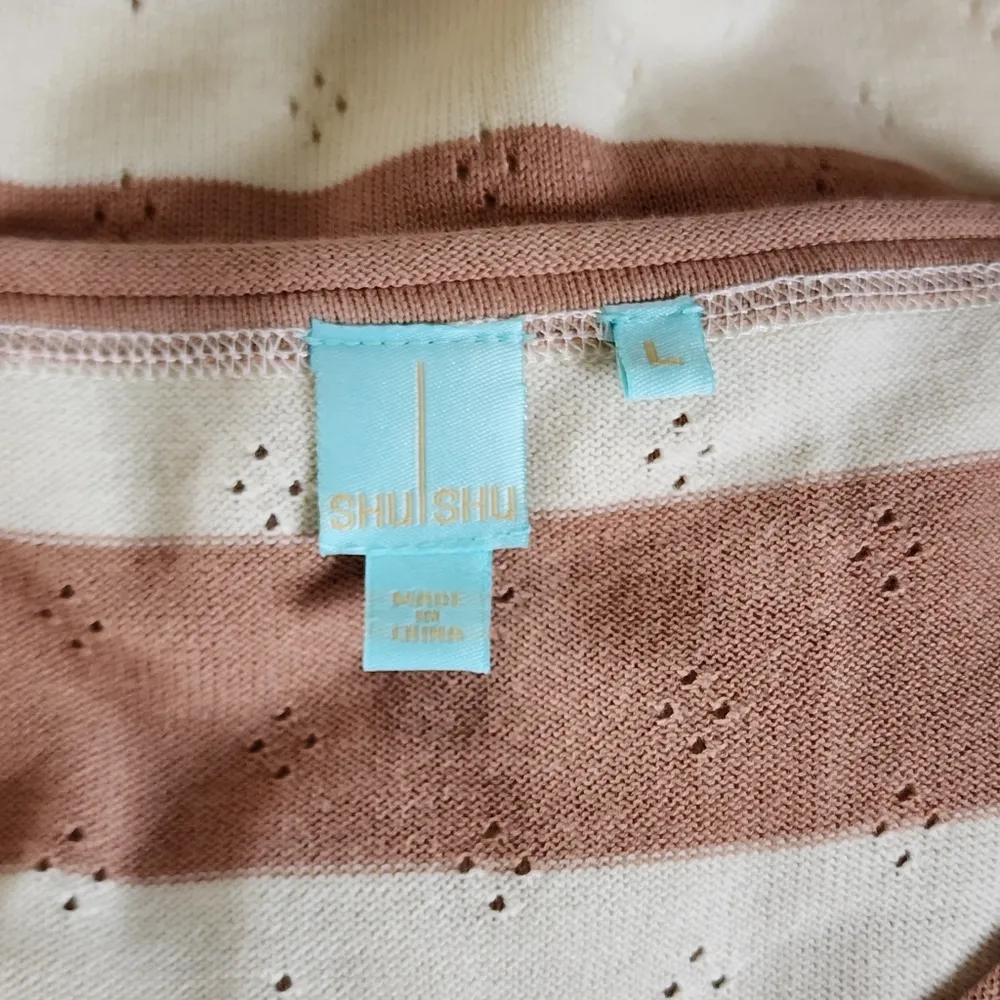 Anthropologie Shu Shu Beige Cream Stripe Pointelle Short Sleeve Sweater Large - Image 6