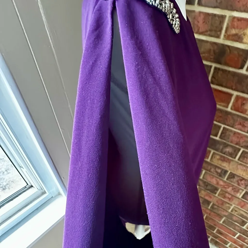Xscape Purple Midi Dress Peak-a-boo Sleeves Pleated Skirt Beaded Accents Vtg - Image 7