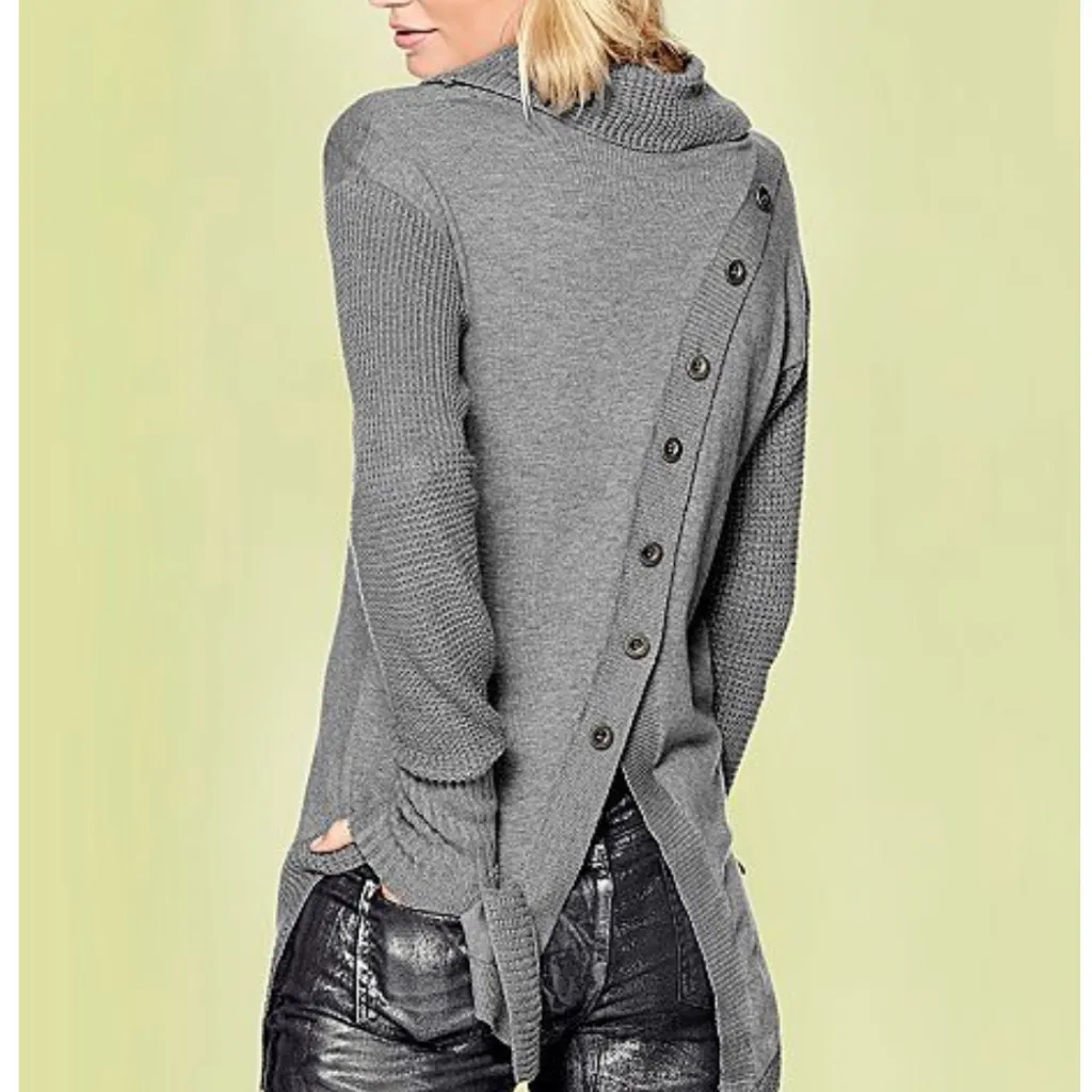 Venus Faux Split Back Button Accent Gray Turtleneck Sweater size small - Image 4
