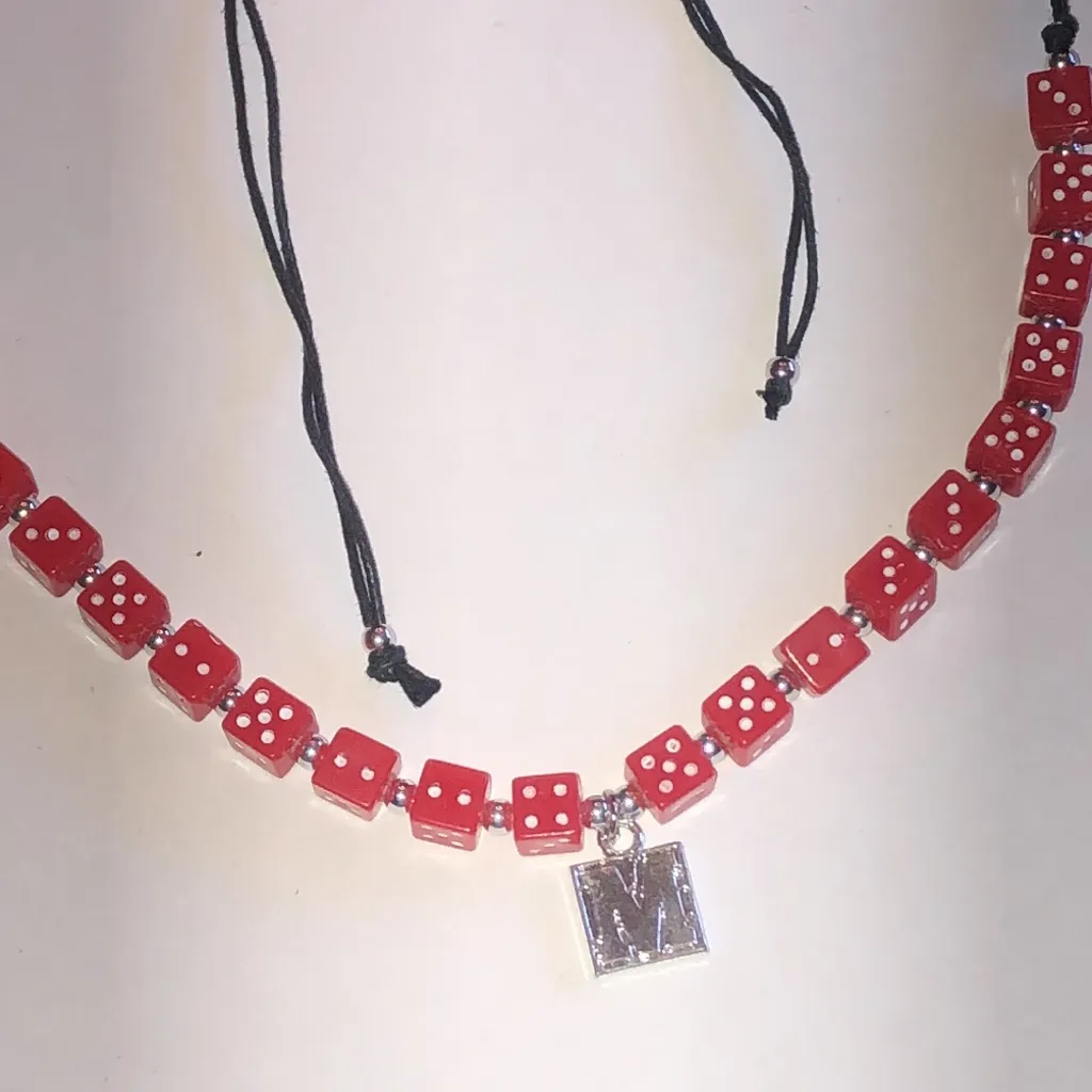Red Boho Dice Necklace with Silver Tone Initial M Charm - Image 2