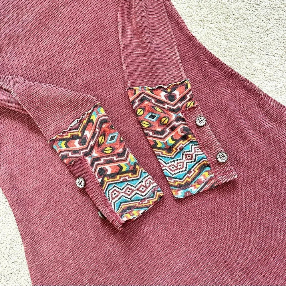 Hailey&Co Waffle Knit Washed Boho Burgundy Red Long Sleeve Mini Dress Size L Size L - Image 7