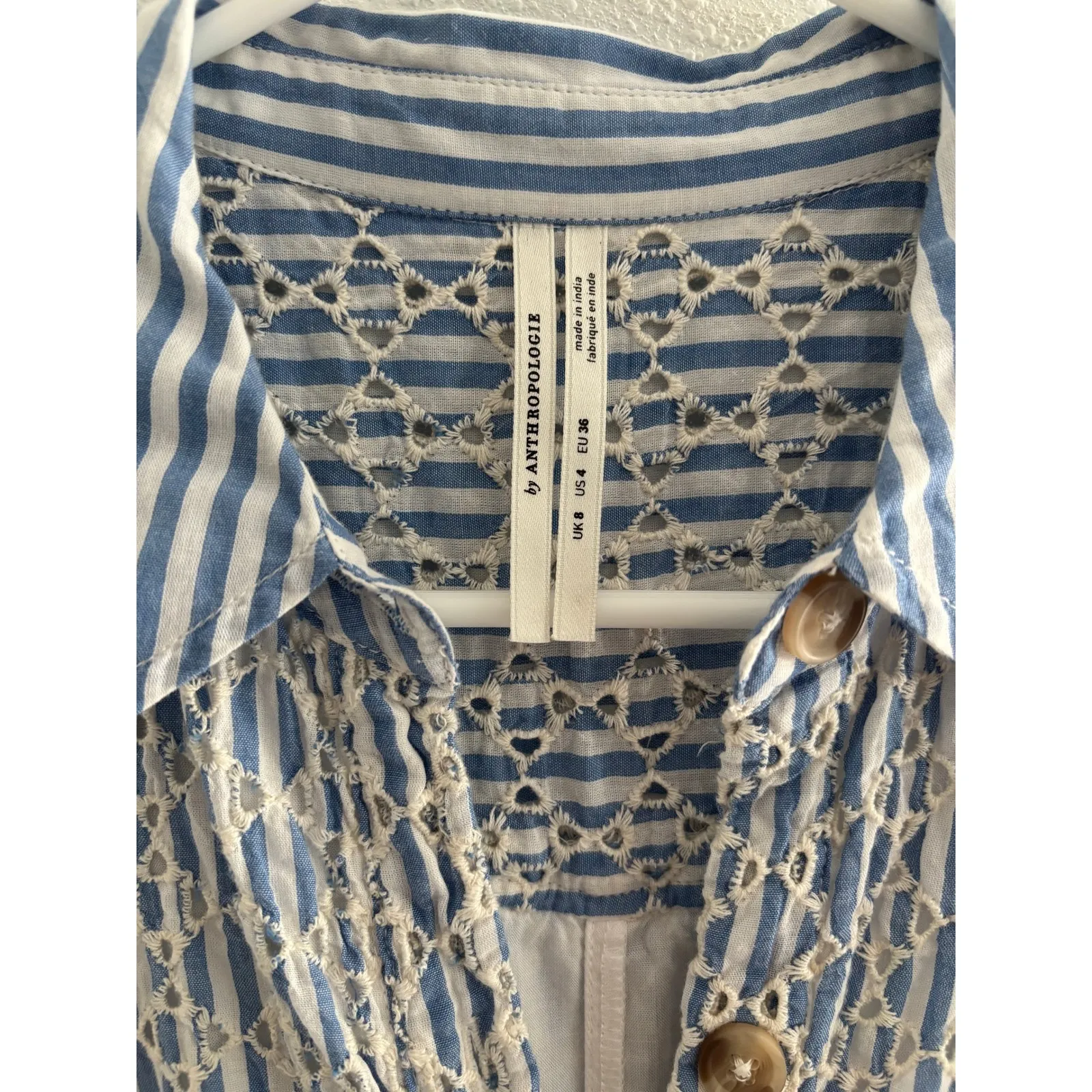 Anthropologie Kismet Shirt Dress Women 4 Blue White Stripe Eyelet Preppy Coastal - Image 3