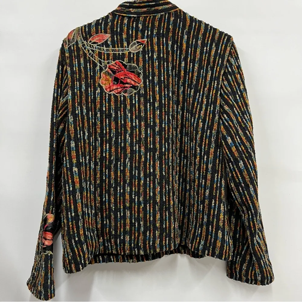 Vintage petite large button down blazer striped floral funky embroidery jacket - Image 2