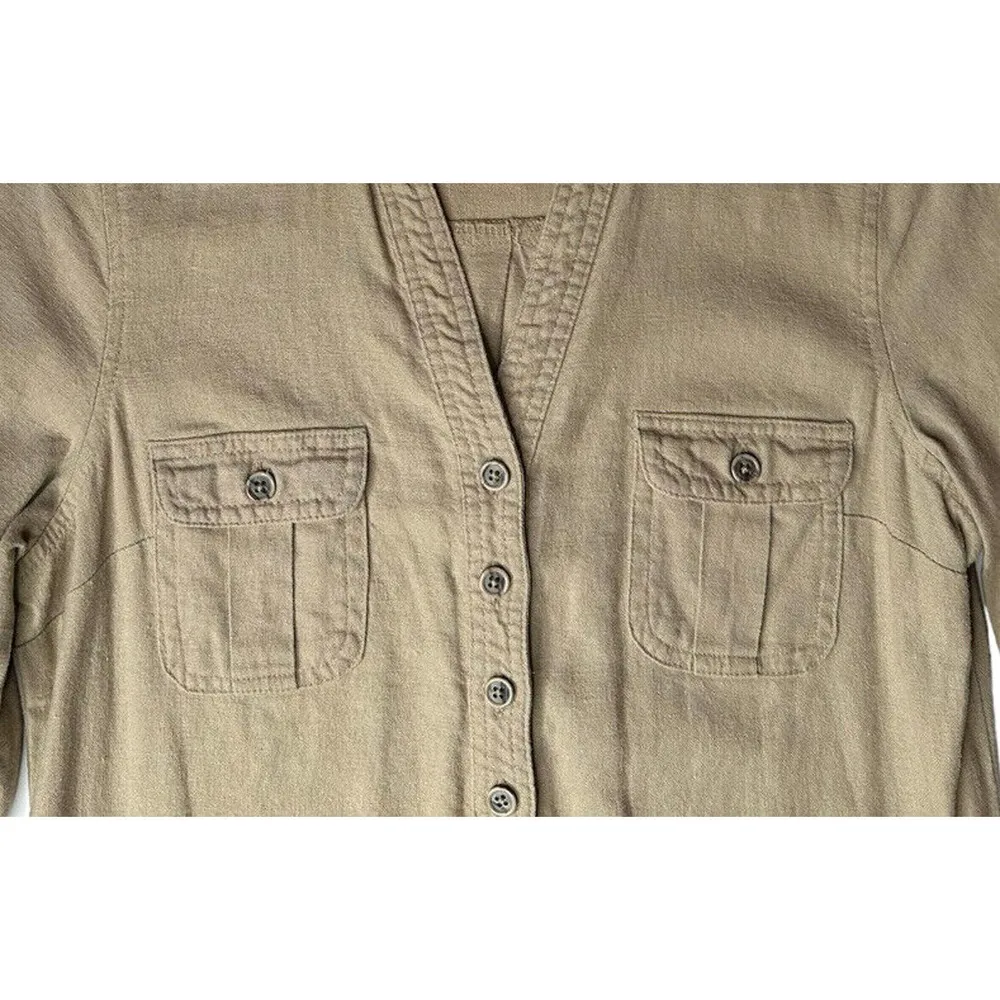 Old Navy Linen Blend Shirt Dress Khaki Tan Henley Roll Tab Sleeve Pockets Sz XS - Image 4