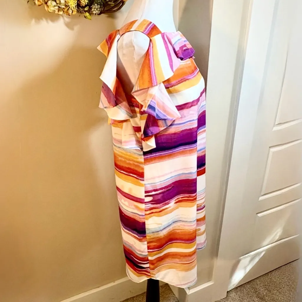 AMANDA UPRICHARD Watercolor Stripe Ruffle Shoulder Dress Petite (Small)💛 - Image 5