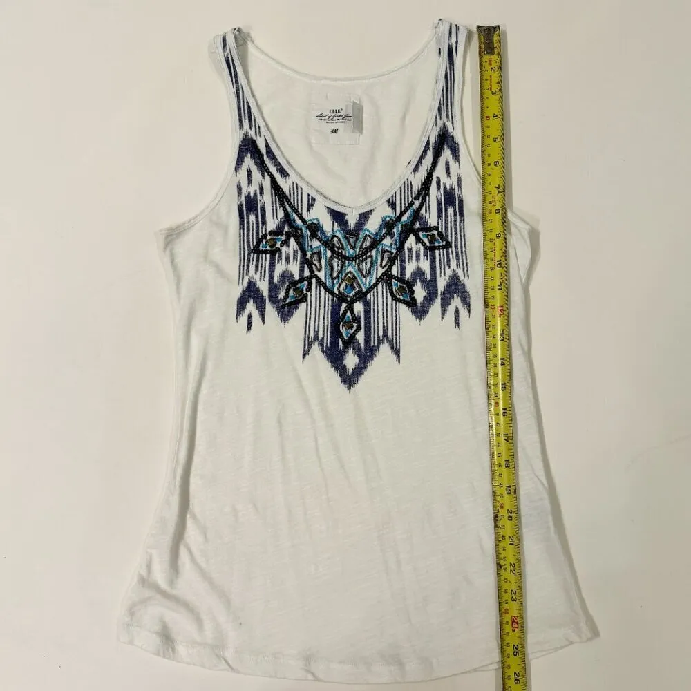 H & M - Ethnic Beaded Sleeveless Tank Top in White and Blue - Image 6